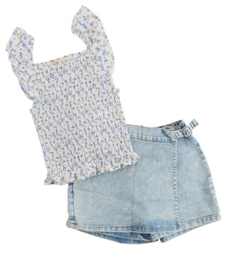 Thumbnail 1: Jessica Simpson Big Girls 2 Pc Smocked Top and Denim Skort Set 