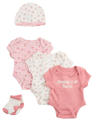 Thumbnail 1: Baby Essentials Baby Girls 5 Pc Bodysuit, Hat & Socks Set 
