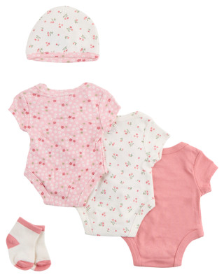 Thumbnail 2: Baby Essentials Baby Girls 5 Pc Bodysuit, Hat & Socks Set 