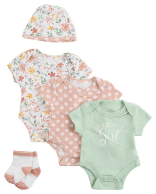 Thumbnail 1: Baby Essentials Baby Girls 5 Pc Bodysuit, Hat & Sock Set 