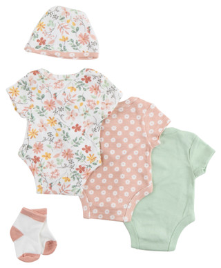 Thumbnail 2: Baby Essentials Baby Girls 5 Pc Bodysuit, Hat & Sock Set 