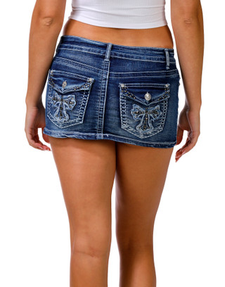 Thumbnail 1: Good in Blue Denim Juniors Rhinestone Studded Mini Denim Skirt 