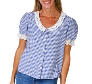 Thumbnail 1: BUNULU Women's Gingham Lace Collar Top 