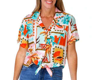 Thumbnail 1: Caribbean Joe Womens Short Sleeve Tie Front Button Top 