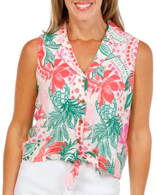 Thumbnail 1: Caribbean Joe Womens Sleeveless Tie Front Button Top 