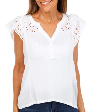 Thumbnail 1: STELLA + GINGER Petite Eyelet Flutter Sleeve Henley Top 