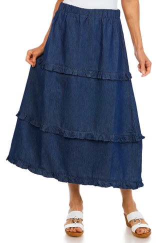 Thumbnail 1: Cupio Women's Chambray Tiered Maxi Skirt 