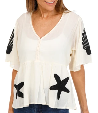 Thumbnail 1: Solitaire Women's Short Sleeve Embroidered Babydoll Top 