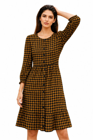 Thumbnail 1: Beach Lunch Lounge Women's Hailey Checked Tiered Button Front Long Sleeve Dress 
