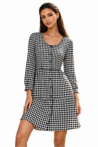 Thumbnail 1: Beach Lunch Lounge Women's Hailey Checked Tiered Button Front Long Sleeve Dress 