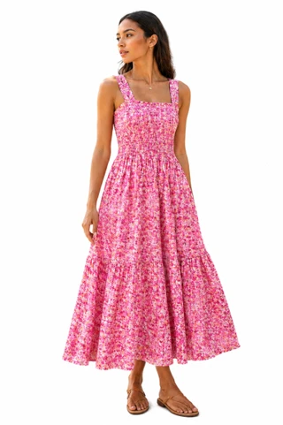 Thumbnail 1: Beach Lunch Lounge Women's Elissa Smocked Ruffle Strap Midi Dress 