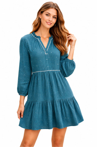 Thumbnail 1: Beach Lunch Lounge Women's Solid Embroidered Tiered Long Sleeve Dress 