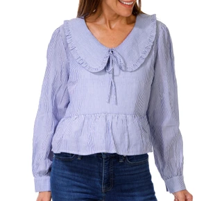 Thumbnail 1: Muse Women's Long Sleeve Cotton Ruffle Collar Top 