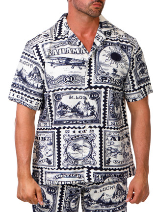 Thumbnail 2: MALIBU Men's 2 Pc Linen Postage Stamp Print Shorts Set 