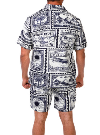 Thumbnail 3: MALIBU Men's 2 Pc Linen Postage Stamp Print Shorts Set 