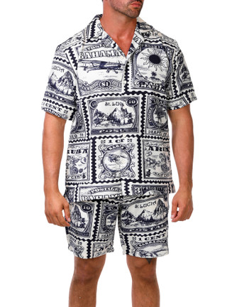 Thumbnail 1: MALIBU Men's 2 Pc Linen Postage Stamp Print Shorts Set 
