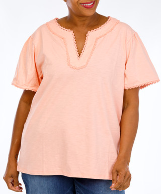 Thumbnail 1: Lands End Plus Short Sleeve Split Neck Top 