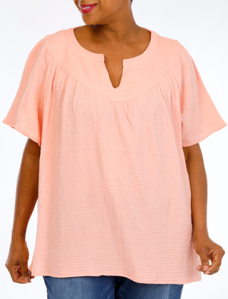 Thumbnail 1: Lands End Plus Gauze Split Neck Yoke Top 