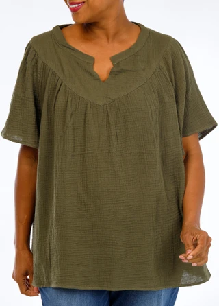 Thumbnail 1: Lands End Plus Gauze Split Neck Yoke Top 
