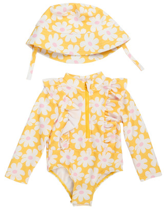 Thumbnail 1: Jessica Simpson Baby Girls 2 Pc Long Sleeve Rashguard Swimsuit & Hat 