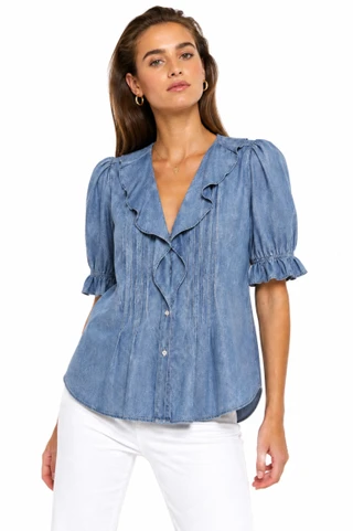 Thumbnail 1: TROVE NEW YORK Women's Ruffle Neck Vintage Button Down Short Sleeve Top 