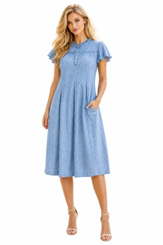 Thumbnail 1: Beach Lunch Lounge Women's Ren Ruffle Trim Short Sleeve Denim  Dress 