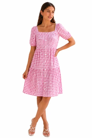 Thumbnail 1: Beach Lunch Lounge Women's Marcela Gingham Button Front Short Sleeve Dress 