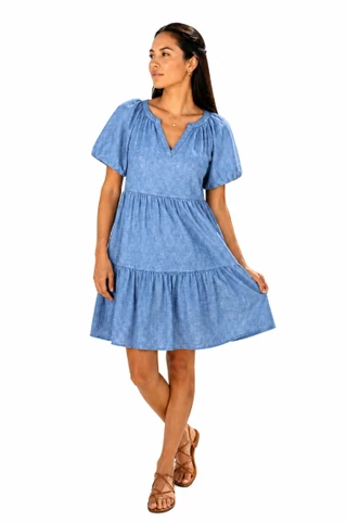 Thumbnail 1: Beach Lunch Lounge Women's Kendra Tiered Split Neck Short Sleeve Dress 