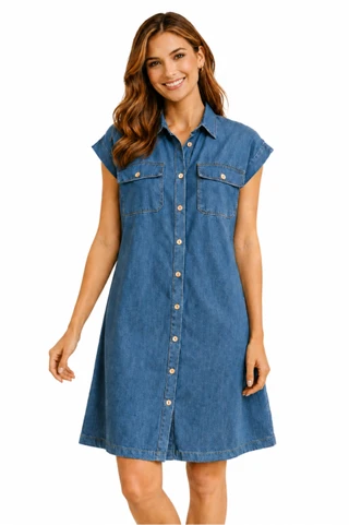 Thumbnail 1: Beach Lunch Lounge Women's Beaux Boxy Cap Sleeve Button  Denim Dress 