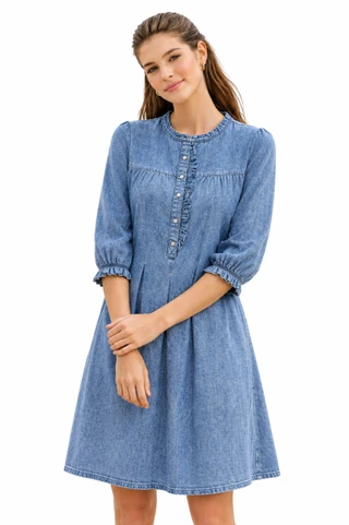 Thumbnail 1: Beach Lunch Lounge Women's Rhea Ruffle Trim 3/4 Sleeve Denim Dress 
