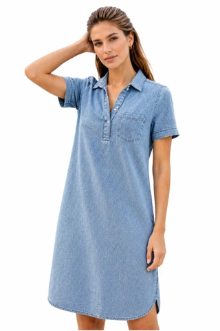 Thumbnail 1: Beach Lunch Lounge Women's Lizzy Split Neck Short Sleeve Denim Dress 