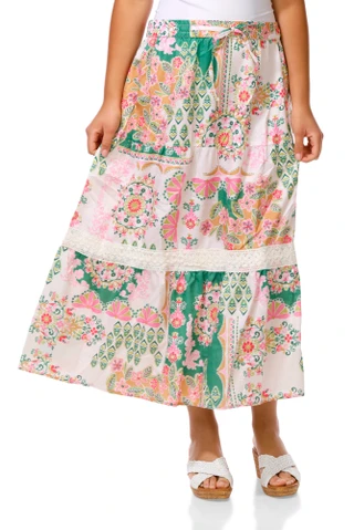 Thumbnail 1: Cupio Women's Floral Color Block Lace Trimmed Tiered Maxi Skirt 