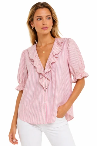 Thumbnail 1: TROVE NEW YORK Women's Striped Button Down Ruffle Short Sleeve Top 