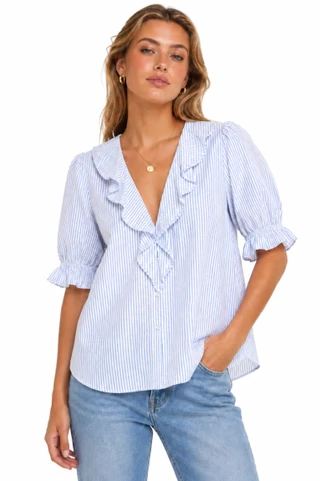 Thumbnail 1: TROVE NEW YORK Women's Striped Button Down Ruffle Short Sleeve Top 