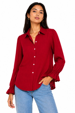 Thumbnail 1: TROVE NEW YORK Women's Solid Button Down Ruffle Long Sleeve Top 
