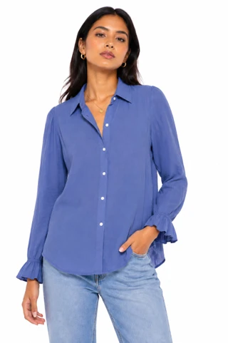Thumbnail 1: TROVE NEW YORK Women's Solid Button Down Ruffle Long Sleeve Top 