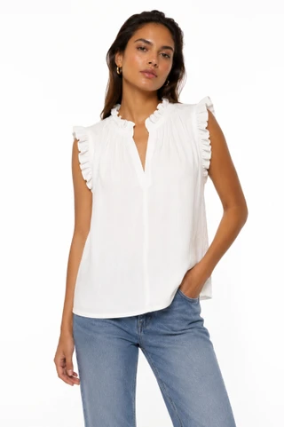 Thumbnail 1: TROVE NEW YORK Women's Solid Simply Chic Popover Ruffle Trim Top 