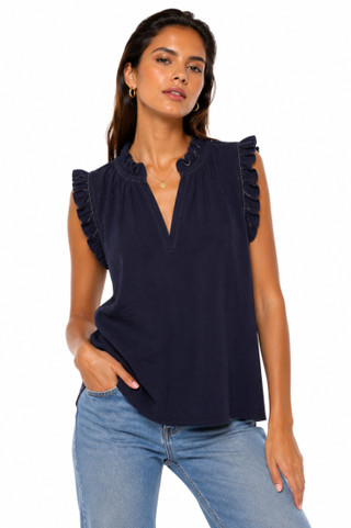 Thumbnail 1: TROVE NEW YORK Women's Solid Simply Chic Popover Ruffle Trim Top 