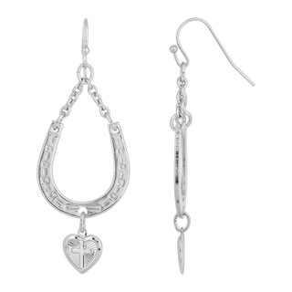 Thumbnail 1: 1928 Jewelry Silver Tone Horseshoe and Heart with Cross Drop Earrings 