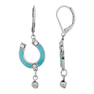 Thumbnail 1: 1928 Jewelry Turquoise Enamel Crystal Accent Horseshoe Drop Earrings 