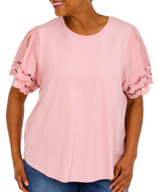 Thumbnail 1: Kiss & Fly Women's Plus Pearl Eyelet Flutter Sleeve Blouse 