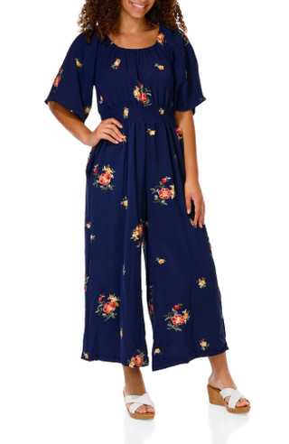 Thumbnail 1: Ana & Rose Women's Short Sleeve Embroidered Jumpsuit 