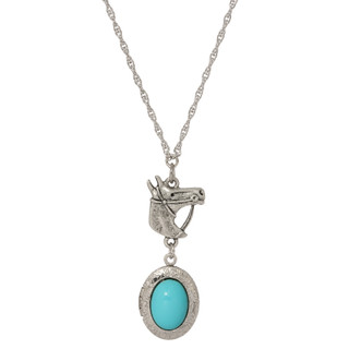 Thumbnail 1: 1928 Jewelry Silver Tone Faux Turquoise Oval Horse Locket Necklace 