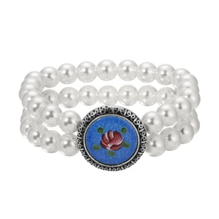 Thumbnail 1: 1928 Jewelry Vintage Flower Decal Faux Pearl Stretch Bracelet 