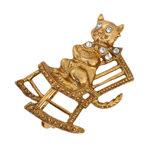 Thumbnail 1: 1928 Jewelry Gold Tone Class Crystal Cat On Rocking Chair Pin 