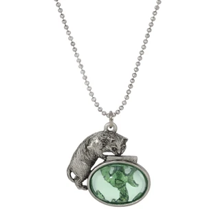Thumbnail 1: 1928 Jewelry Pewter Cat Green Glass Stone Fishbowl Necklace 