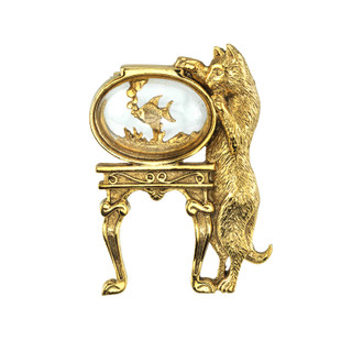 Thumbnail 1: 1928 Jewelry Gold Tone Crystal Cat and Fish Bowl Pin 