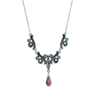Thumbnail 1: 1928 Jewelry Silver OX Multi AB Glass Stone Drop Pendant Necklace 
