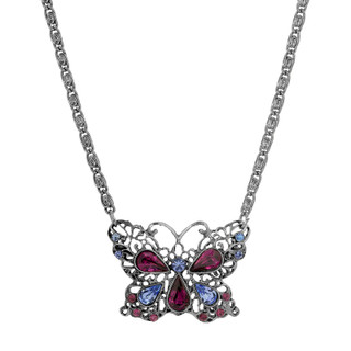 Thumbnail 1: 1928 Jewelry Purple Light Blue Stones Butterfly Necklace 
