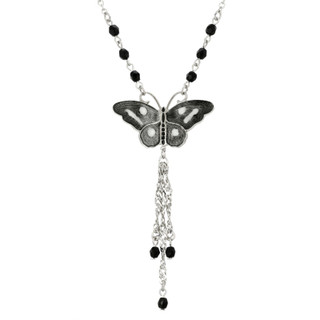 Thumbnail 1: 1928 Jewelry Black White Enamel Black Beads Butterfly Necklace 